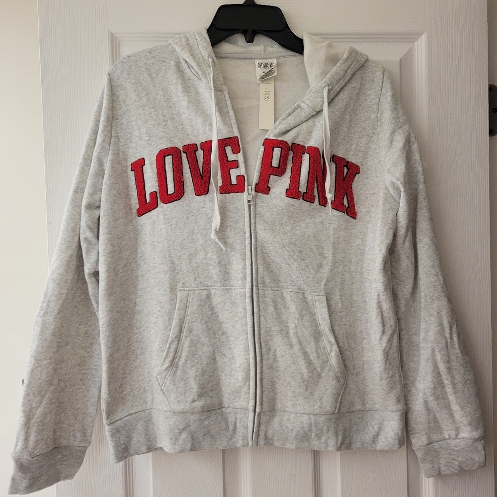 NWT Large Light Gray PINK Hooded Zip Jacket